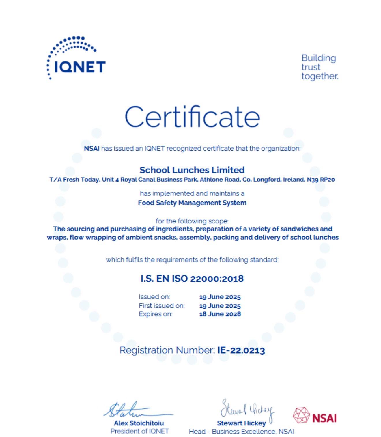 Freshtoday South West IS EN ISO 22000:2018 food safety management certificate issued by NSAI and IQNET