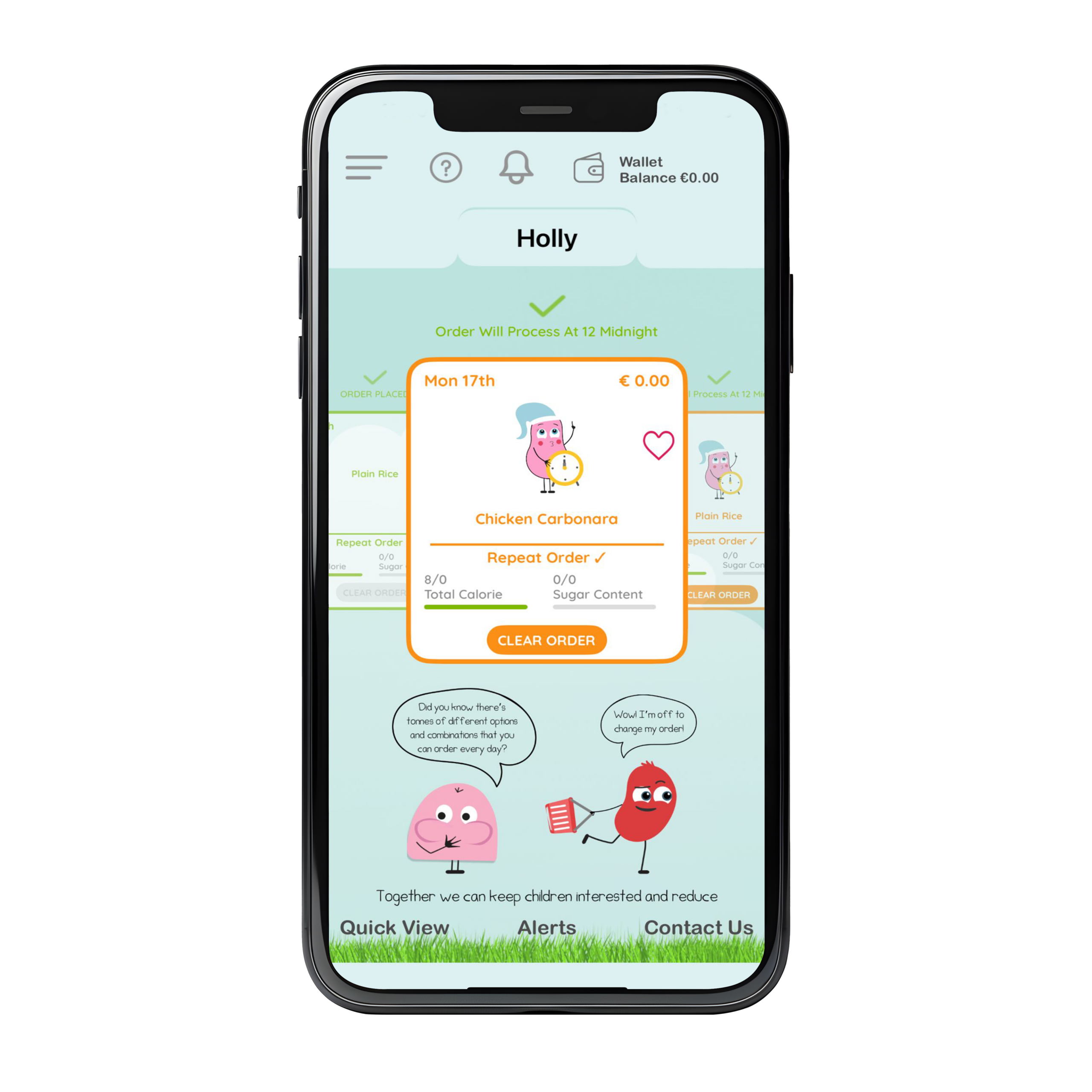 Freshtoday South West school meals app screen showing a child's weekly lunch order and wallet balance