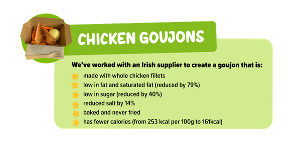 Freshtoday South West reformulated chicken goujon school meal — 100% chicken breast, low fat, baked and EFSA compliant