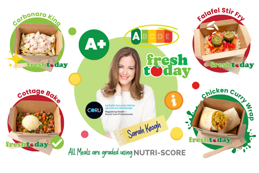 CORU-registered dietitian Sarah Keogh endorsing Freshtoday South West school meals graded A+ using the Nutri-Score system